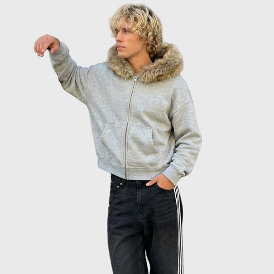 Relaxed Fit Fur Hooded Zip-Up