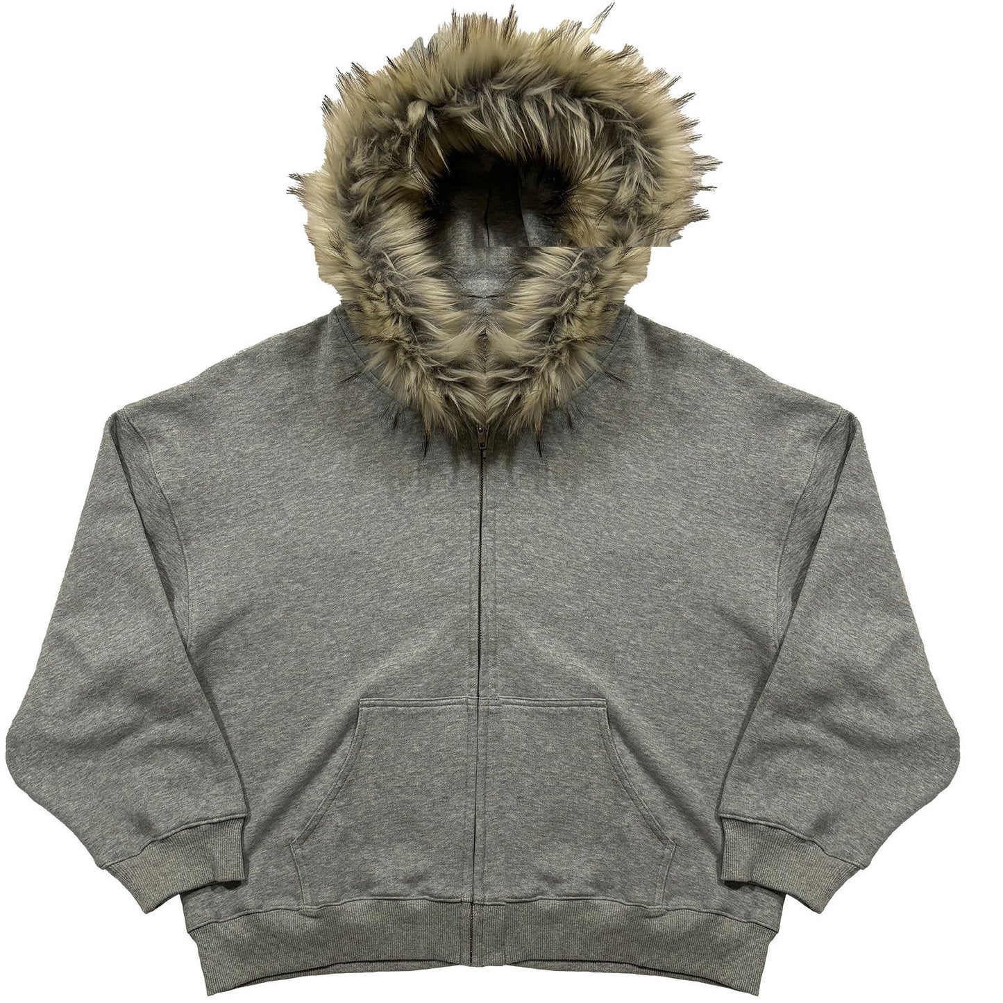 Relaxed Fit Fur Hooded Zip-Up