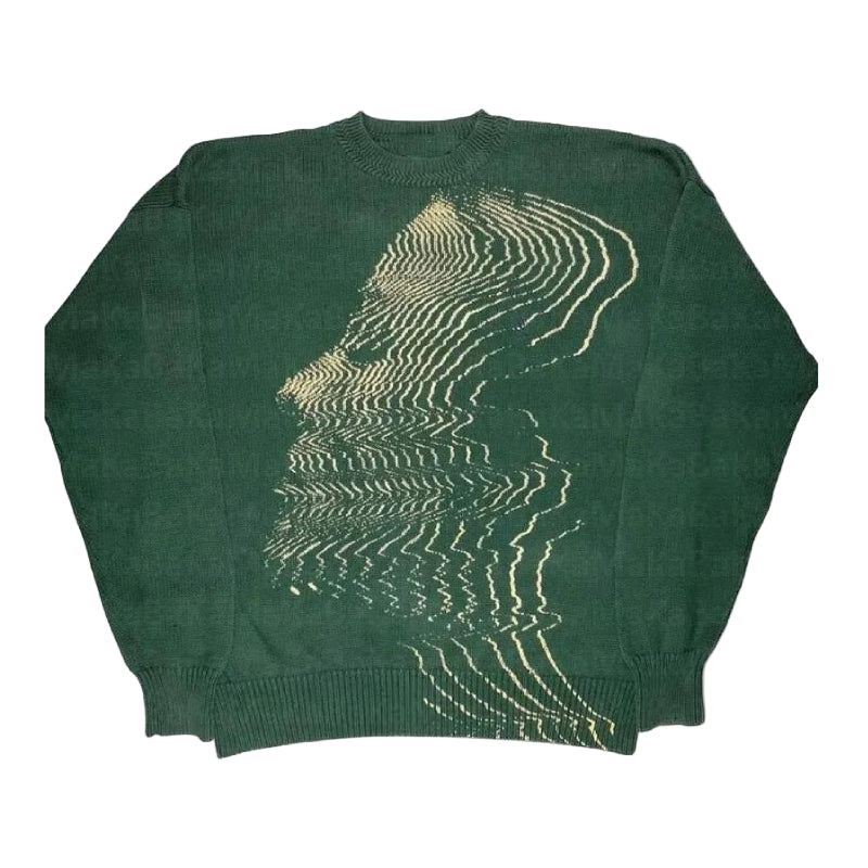 Relaxed Fit Racing Green "Faces" Knit Sweater