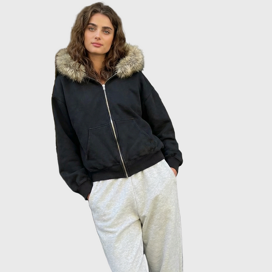 Relaxed Fit Fur Hooded Zip-Up