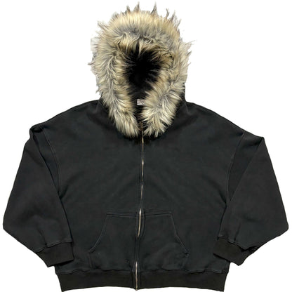 Relaxed Fit Fur Hooded Zip-Up