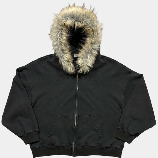 Relaxed Fit Fur Hooded Zip-Up