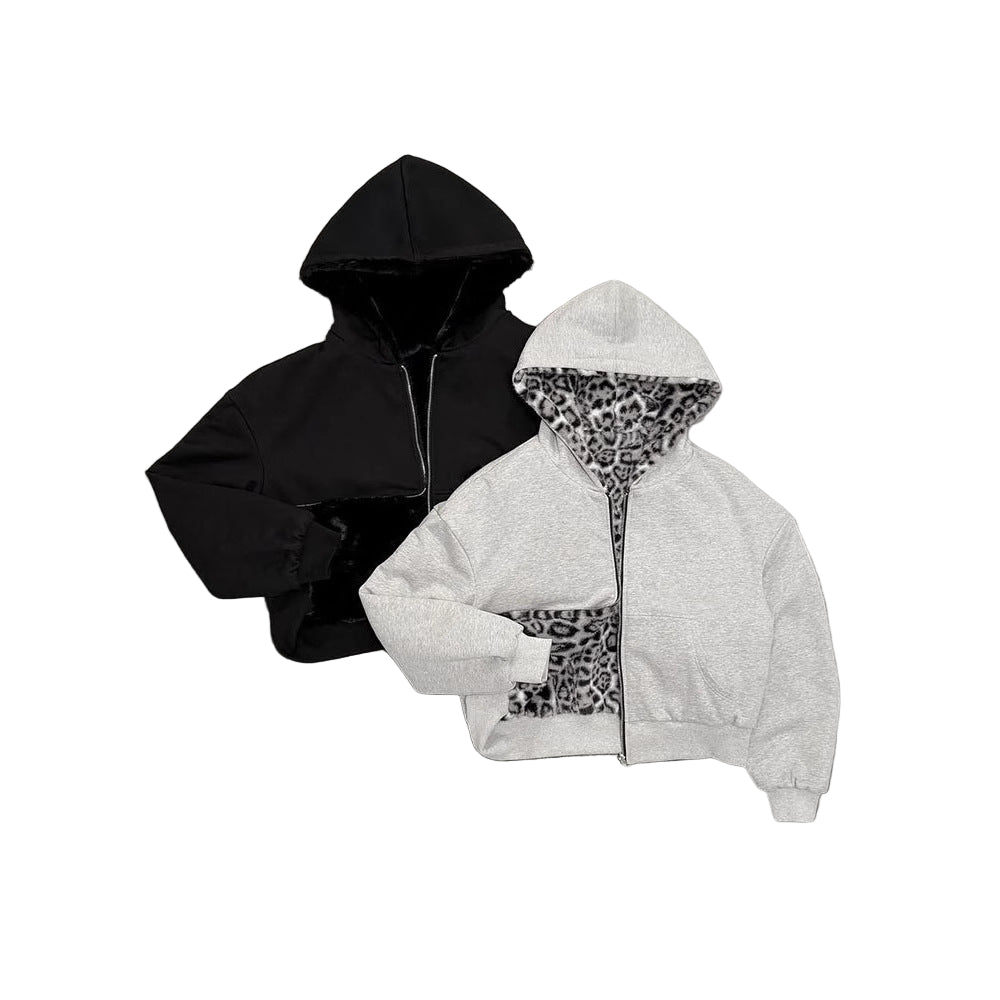 Relaxed Fit Reversible Leopard Hoodie Zip-Up