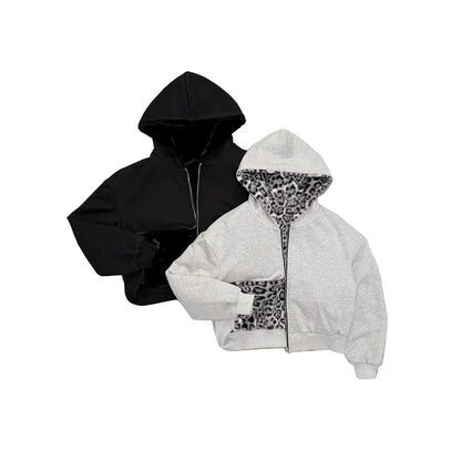Relaxed Fit Reversible Leopard Hoodie Zip-Up