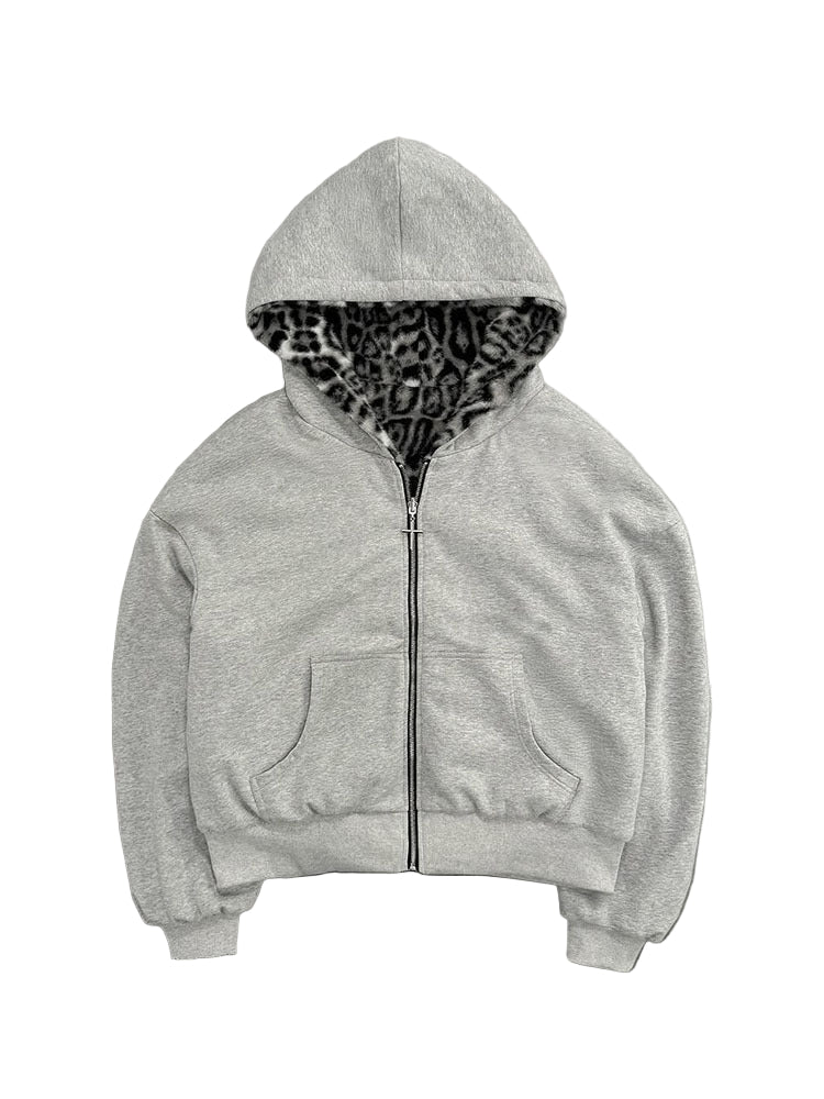 Relaxed Fit Reversible Leopard Hoodie Zip-Up