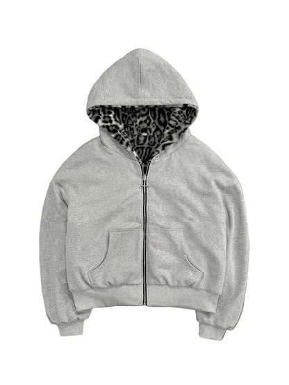 Relaxed Fit Reversible Leopard Hoodie Zip-Up
