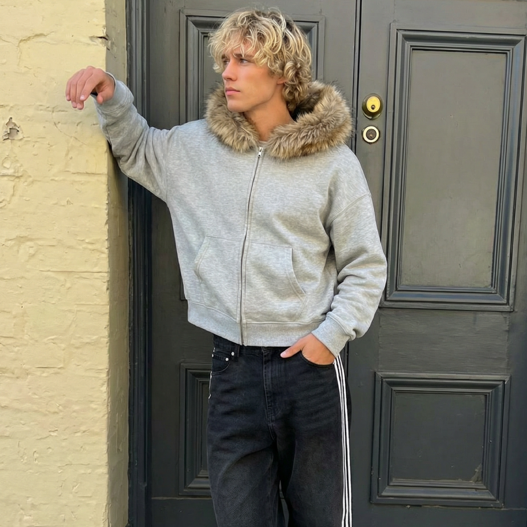 Relaxed Fit Fur Hooded Zip-Up