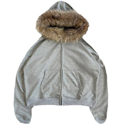 Relaxed Fit Fur Hooded Zip-Up