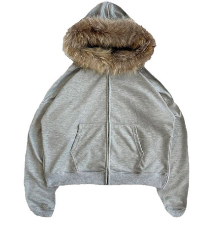Relaxed Fit Fur Hooded Zip-Up