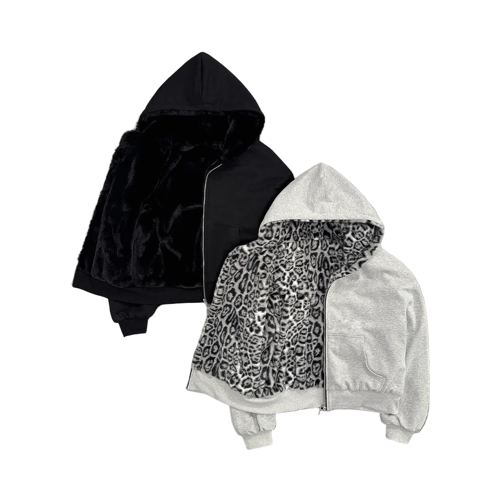Relaxed Fit Reversible Leopard Hoodie Zip-Up