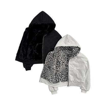 Relaxed Fit Reversible Leopard Hoodie Zip-Up