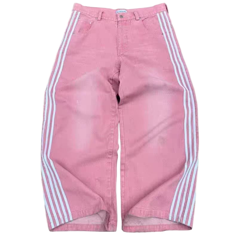 Loose Fit Pink & White "Striped" Denim Jeans